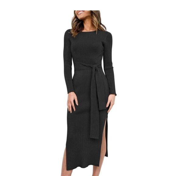 Sweater Dress Ribbed Knit Crewneck Belted Side Slits Long Sleeve Black Size M - Picture 1 of 11